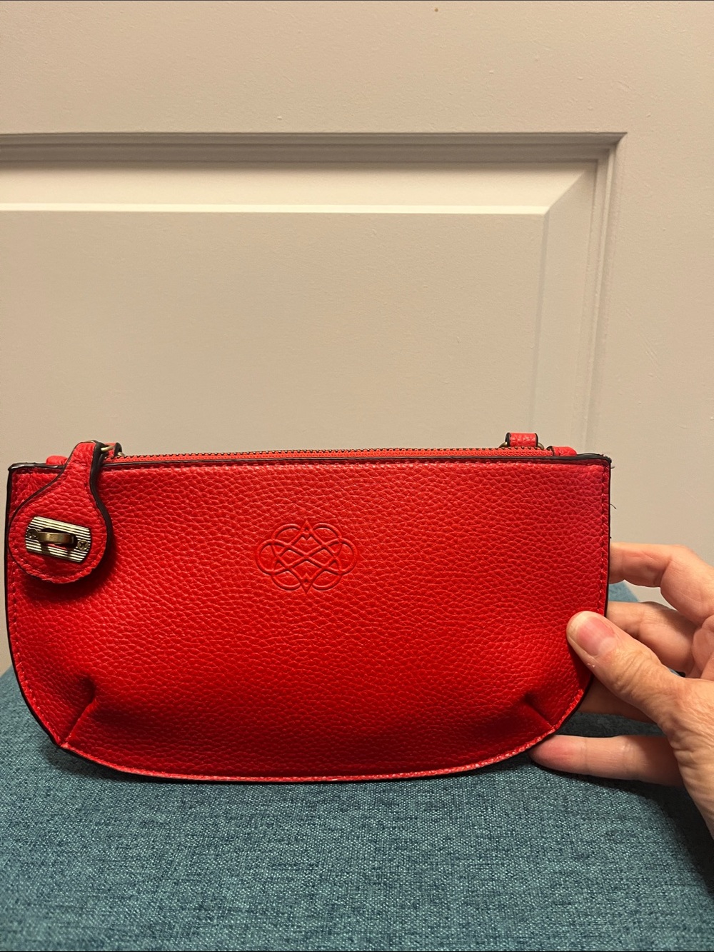 Red Pebble Leather Wristlet Clutch - Embossed Logo Design